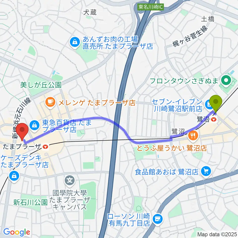 鷺沼駅から音教楽器店へのルートマップ地図