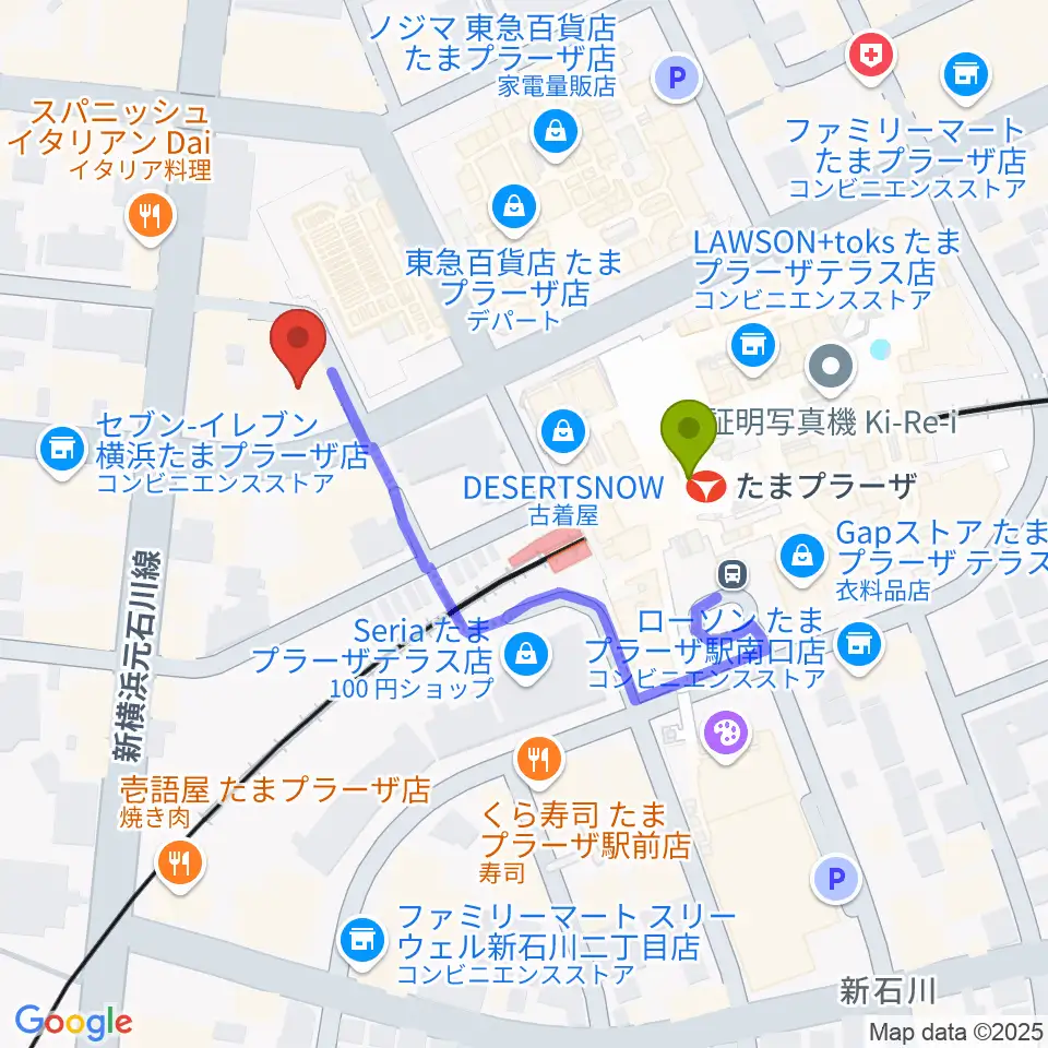 音教楽器店の最寄駅たまプラーザ駅からの徒歩ルート（約3分）地図