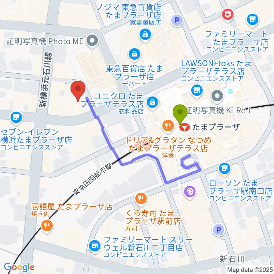 音教楽器店の最寄駅たまプラーザ駅からの徒歩ルート（約3分）地図