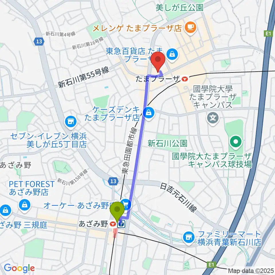 あざみ野駅から音教楽器店へのルートマップ地図