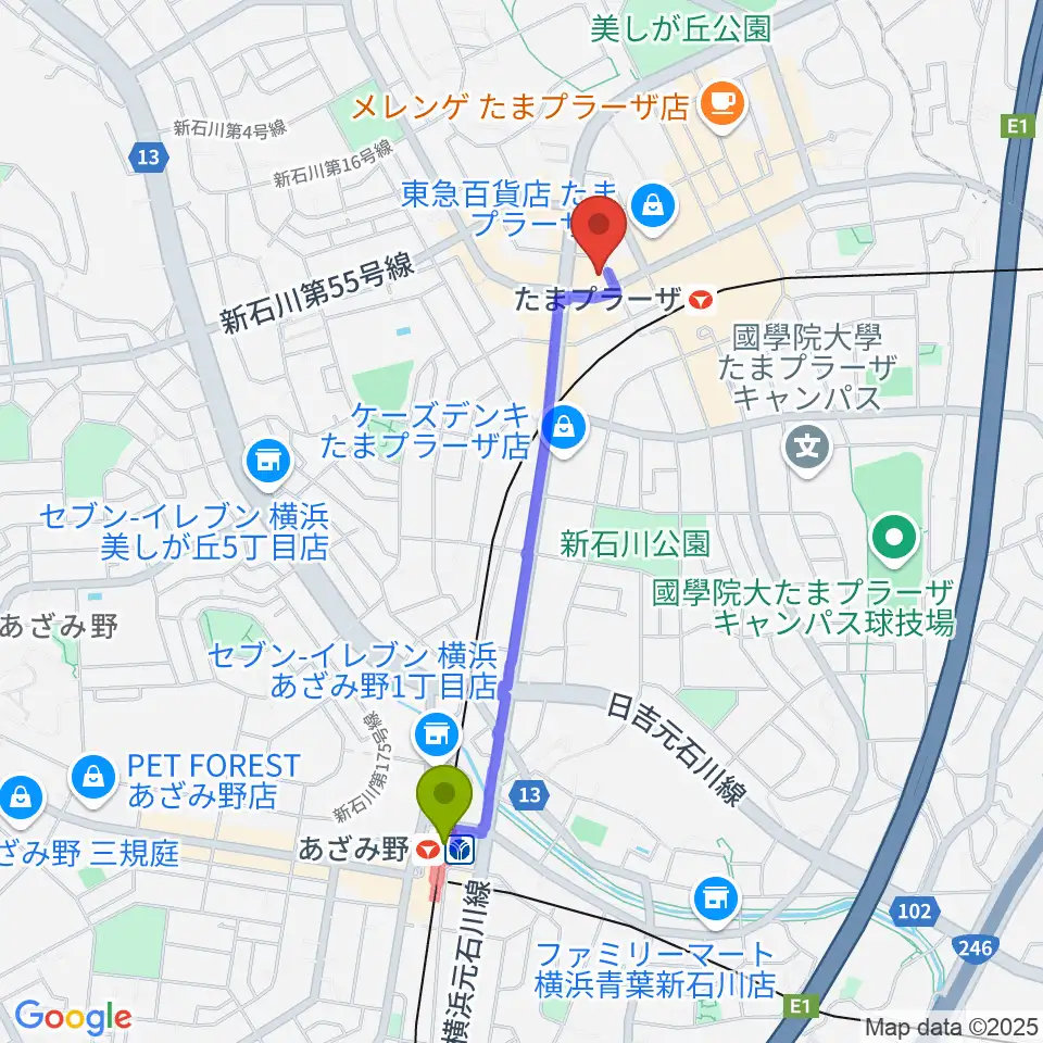 あざみ野駅から音教楽器店へのルートマップ地図