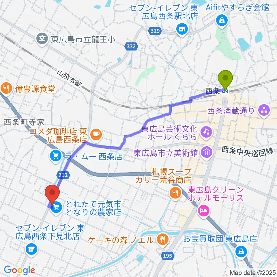 ハママツ楽器の最寄駅西条駅からの徒歩ルート（約24分）地図