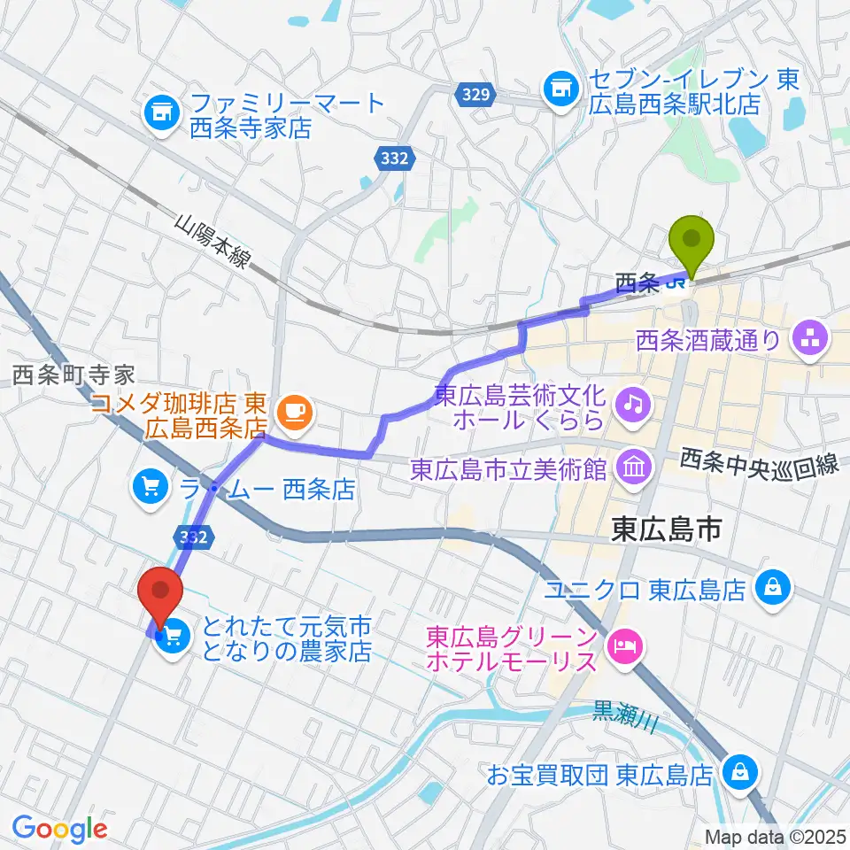 ハママツ楽器の最寄駅西条駅からの徒歩ルート（約24分）地図