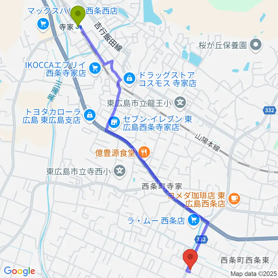 寺家駅からハママツ楽器へのルートマップ地図