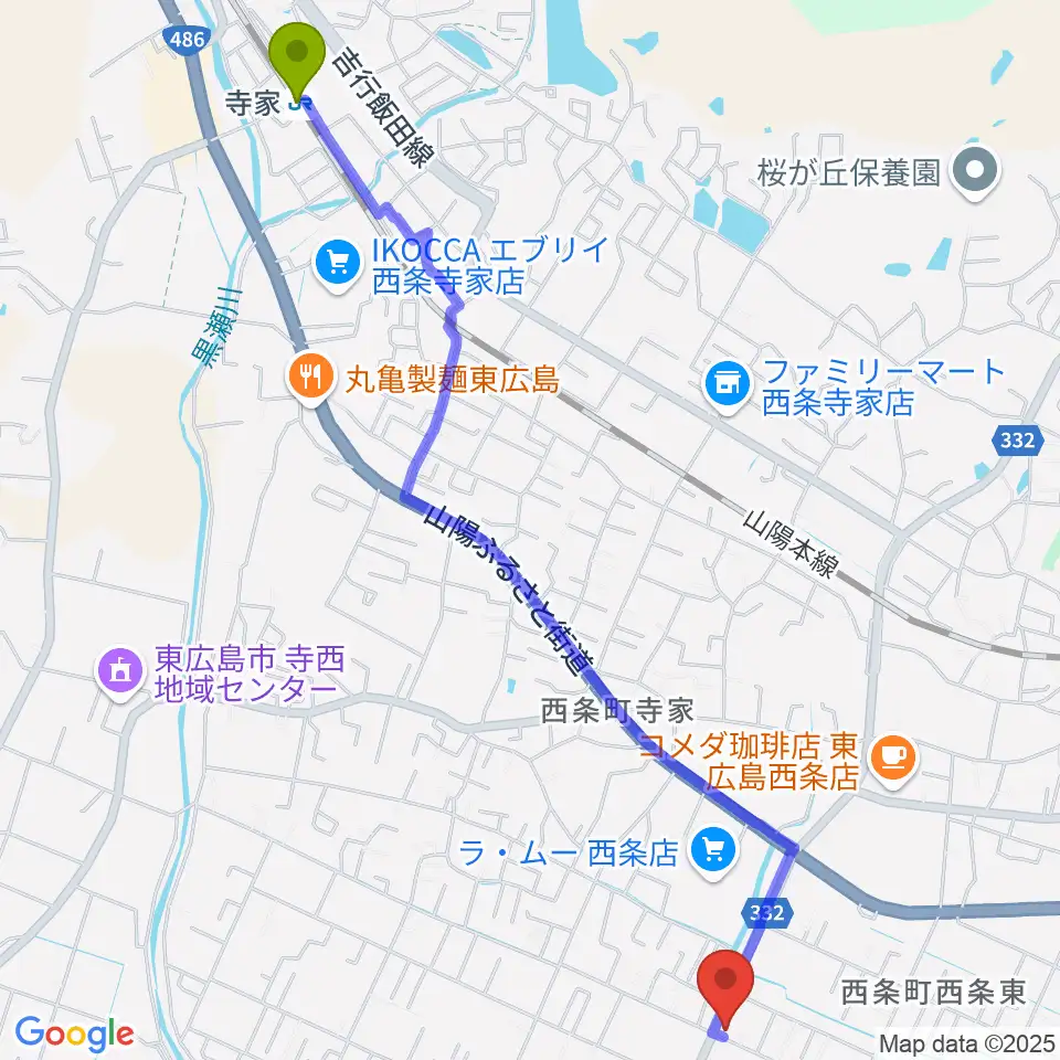 寺家駅からハママツ楽器へのルートマップ地図