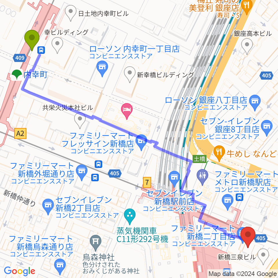 内幸町駅からミュージックアベニュー銀座アネックスへのルートマップ地図