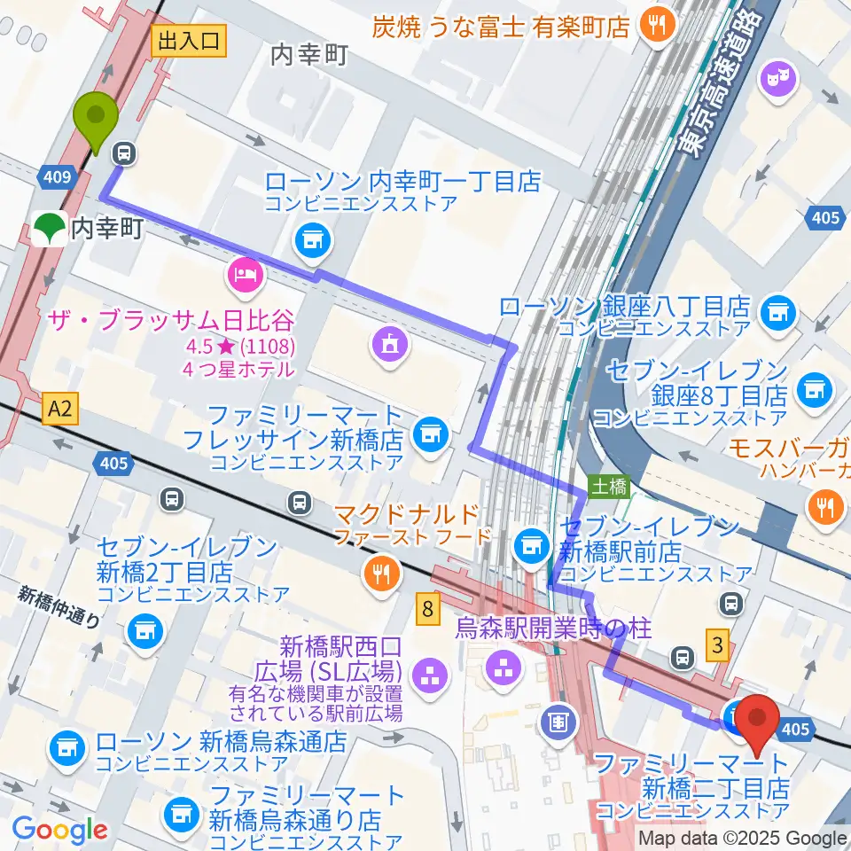 内幸町駅からミュージックアベニュー銀座アネックスへのルートマップ地図