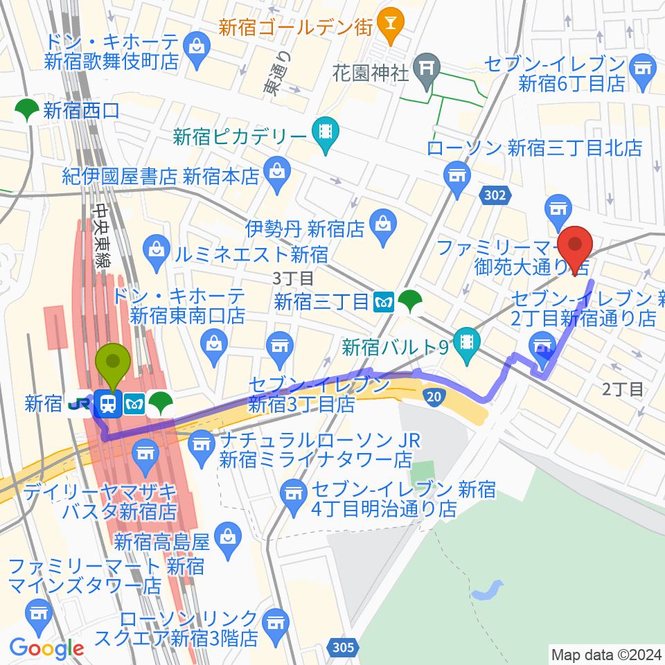 新宿駅からミュージックアベニュー新宿クラッセへのルートマップ地図