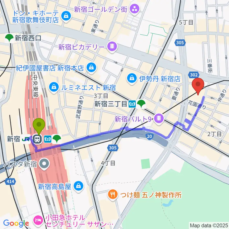 新宿駅からミュージックアベニュー新宿クラッセへのルートマップ地図