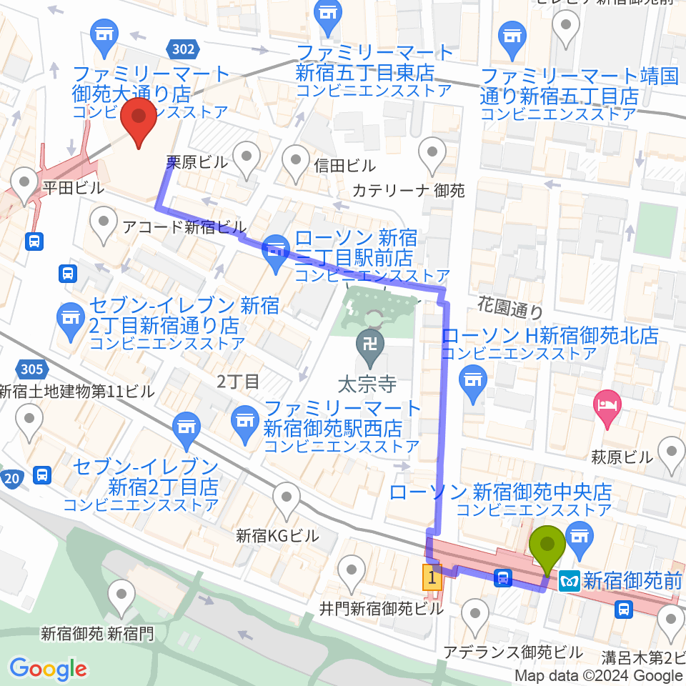 新宿御苑前駅からミュージックアベニュー新宿クラッセへのルートマップ地図