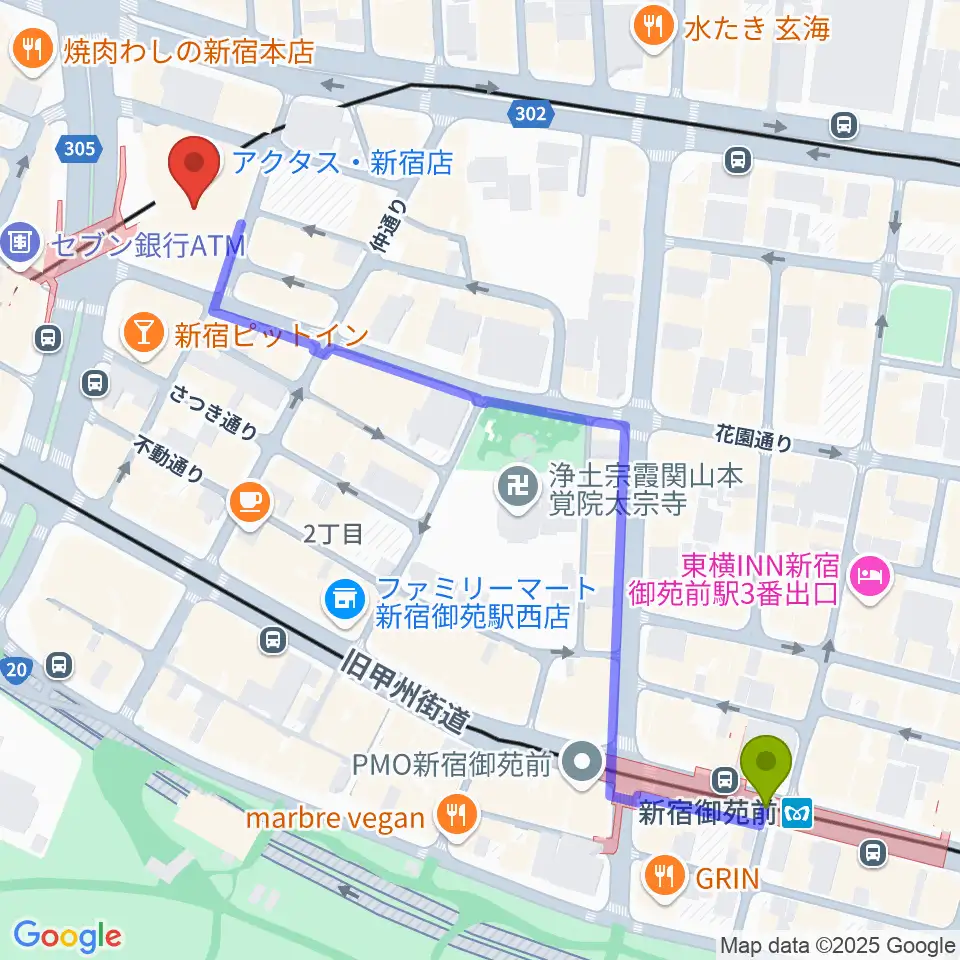 新宿御苑前駅からミュージックアベニュー新宿クラッセへのルートマップ地図