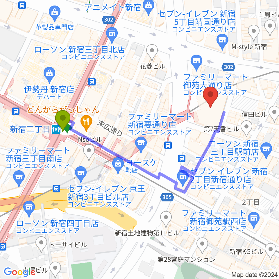 ミュージックアベニュー新宿クラッセの最寄駅新宿三丁目駅からの徒歩ルート（約4分）地図