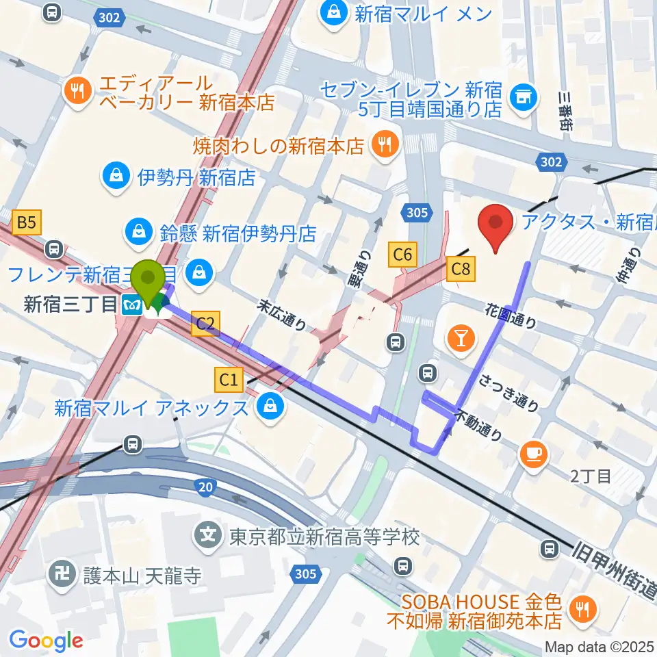 ミュージックアベニュー新宿クラッセの最寄駅新宿三丁目駅からの徒歩ルート（約4分）地図