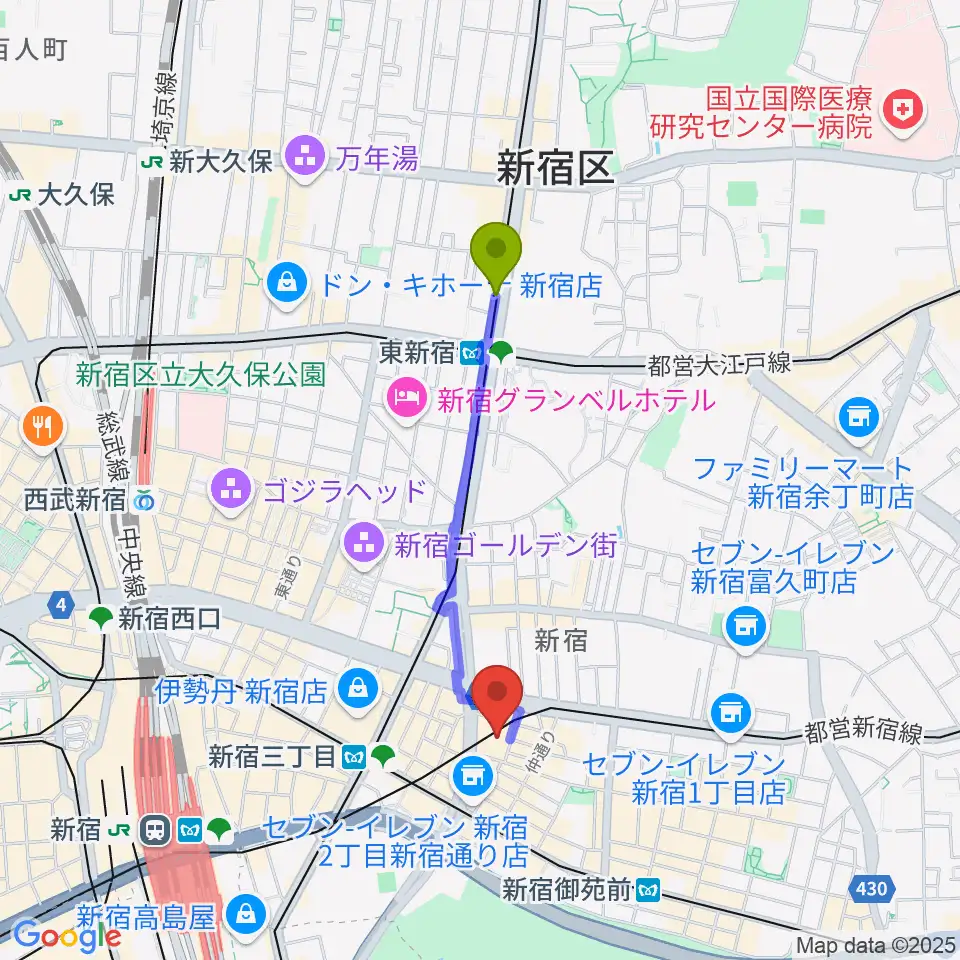 東新宿駅からミュージックアベニュー新宿クラッセへのルートマップ地図