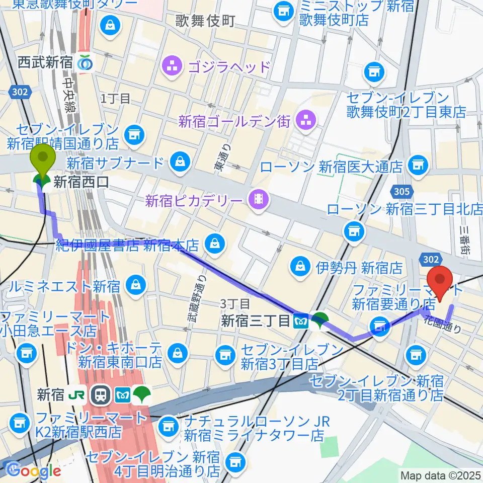 新宿西口駅からミュージックアベニュー新宿クラッセへのルートマップ地図