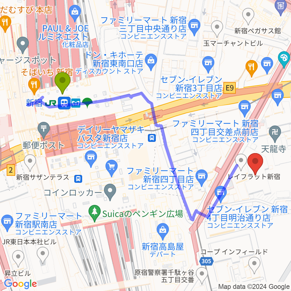 新宿駅からミュージックアベニュー新宿リフラ・プラスへのルートマップ地図