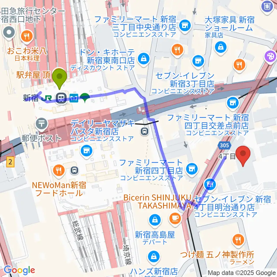 新宿駅からミュージックアベニュー新宿リフラ・プラスへのルートマップ地図