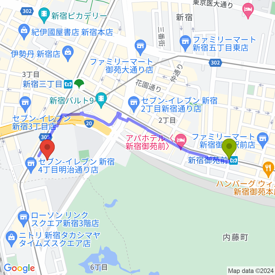 新宿御苑前駅からミュージックアベニュー新宿リフラ・プラスへのルートマップ地図