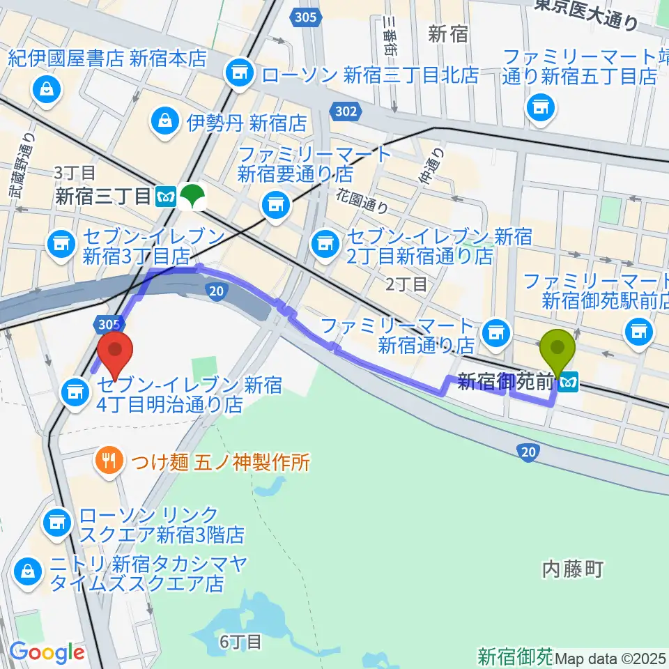 新宿御苑前駅からミュージックアベニュー新宿リフラ・プラスへのルートマップ地図
