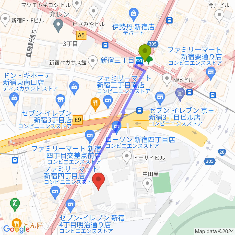 ミュージックアベニュー新宿リフラ・プラスの最寄駅新宿三丁目駅からの徒歩ルート（約4分）地図