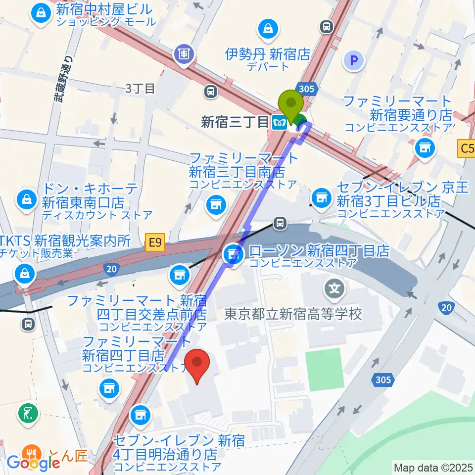 ミュージックアベニュー新宿リフラ・プラスの最寄駅新宿三丁目駅からの徒歩ルート（約4分）地図