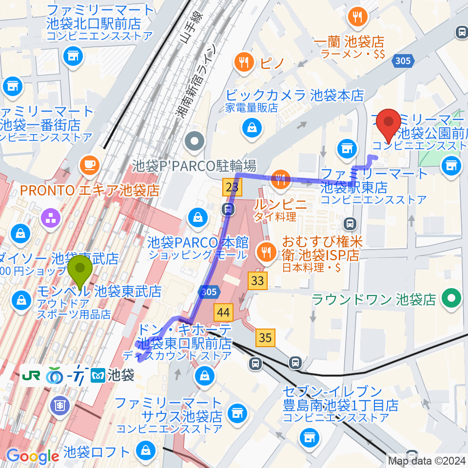 ミュージックアベニュー池袋 ヤマハミュージックの最寄駅池袋駅からの徒歩ルート（約6分）地図