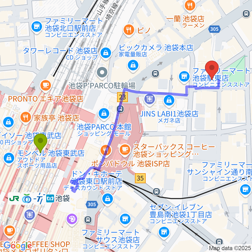 ミュージックアベニュー池袋 ヤマハミュージックの最寄駅池袋駅からの徒歩ルート（約6分）地図