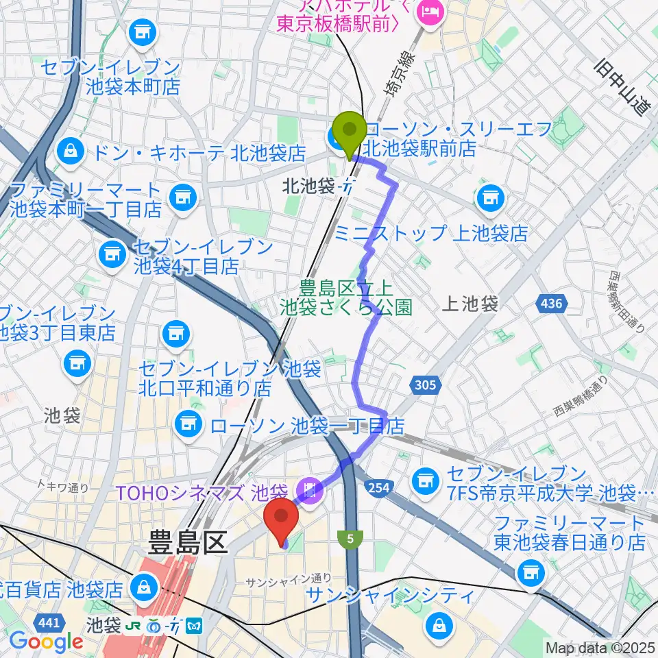 北池袋駅からミュージックアベニュー池袋 ヤマハミュージックへのルートマップ地図