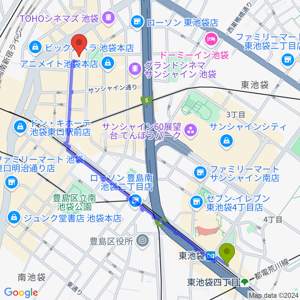 東池袋駅からミュージックアベニュー池袋 ヤマハミュージックへのルートマップ地図