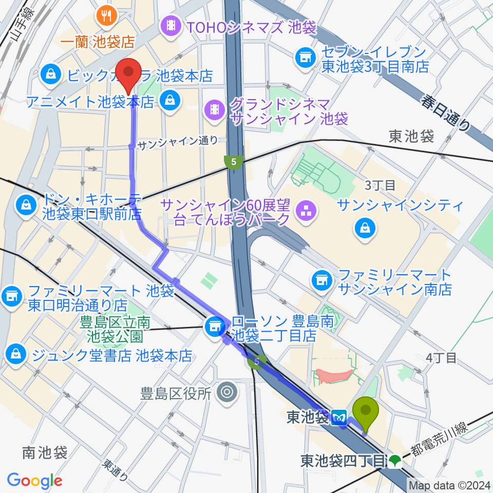 東池袋駅からミュージックアベニュー池袋 ヤマハミュージックへのルートマップ地図