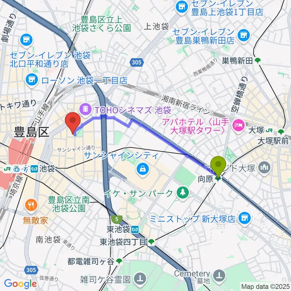 向原駅からミュージックアベニュー池袋 ヤマハミュージックへのルートマップ地図