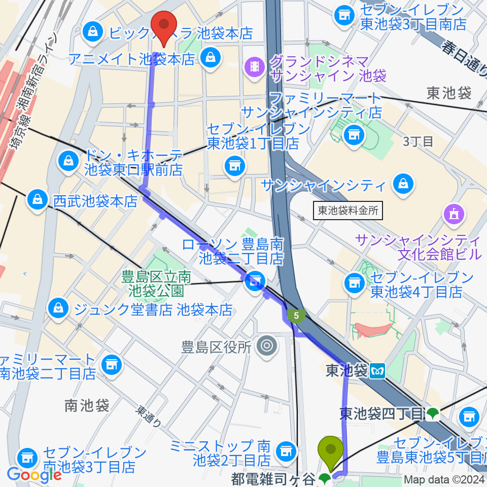 都電雑司ヶ谷駅からミュージックアベニュー池袋 ヤマハミュージックへのルートマップ地図