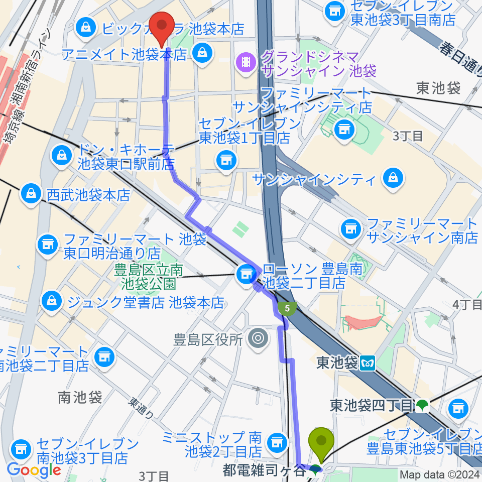 都電雑司ヶ谷駅からミュージックアベニュー池袋 ヤマハミュージックへのルートマップ地図