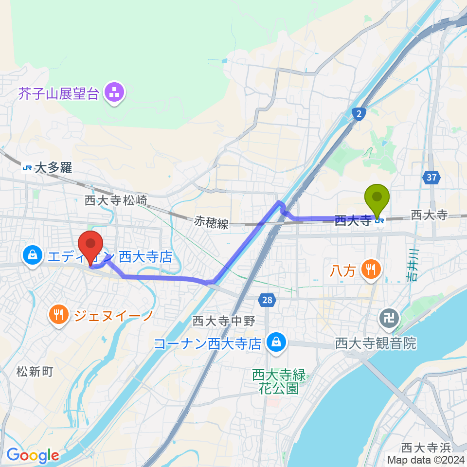 西大寺駅から株式会社こだま楽器へのルートマップ地図