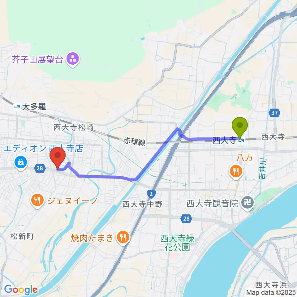 西大寺駅からこだま楽器へのルートマップ地図