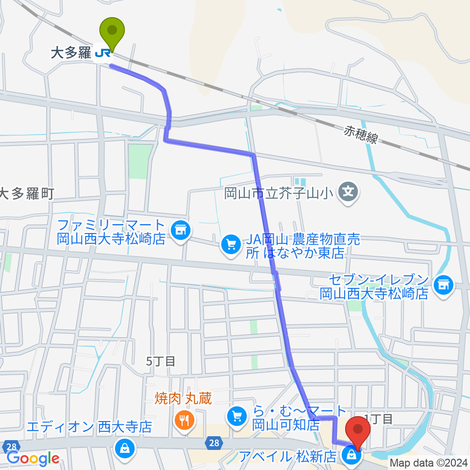 株式会社こだま楽器の最寄駅大多羅駅からの徒歩ルート（約16分）地図