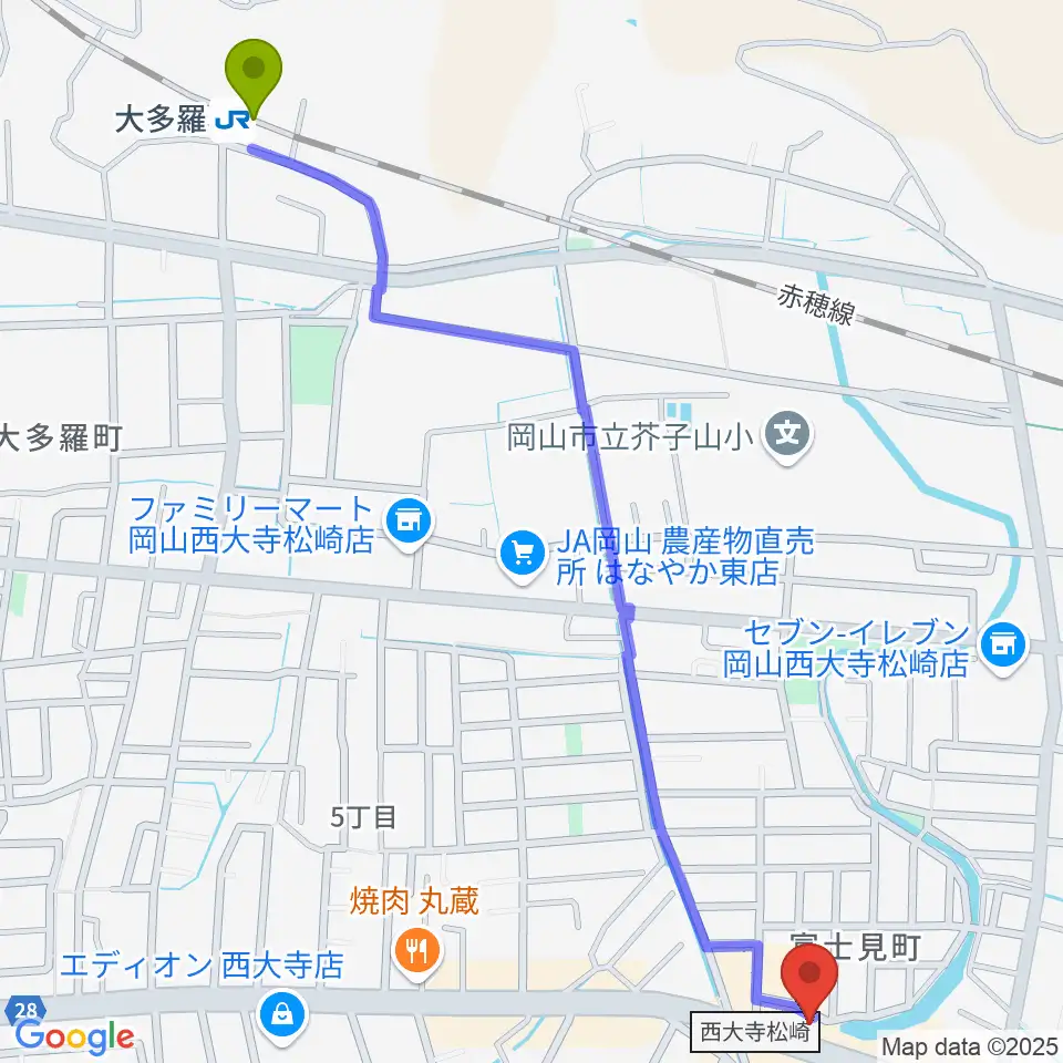 こだま楽器の最寄駅大多羅駅からの徒歩ルート（約16分）地図