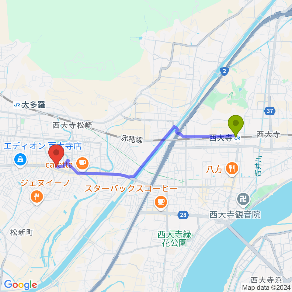 西大寺駅からこだま楽器音楽教室へのルートマップ地図