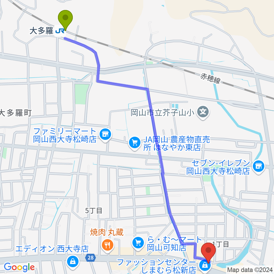 こだま楽器音楽教室の最寄駅大多羅駅からの徒歩ルート（約16分）地図