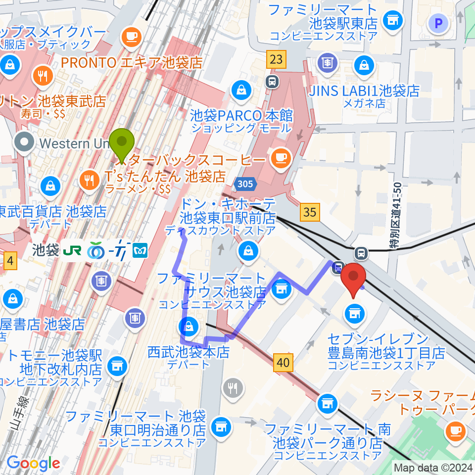 ミュージックスタジオ・フォルテ池袋店の最寄駅池袋駅からの徒歩ルート（約4分）地図