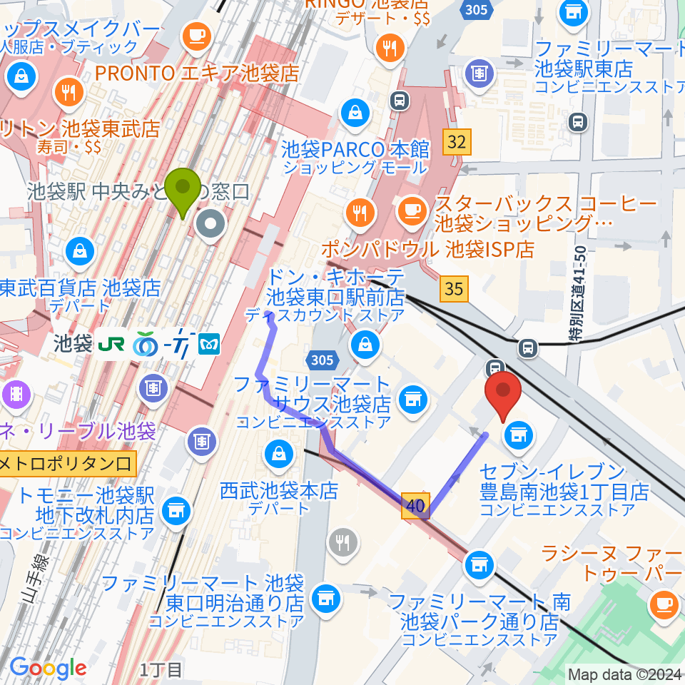 ミュージックスタジオ・フォルテ池袋店の最寄駅池袋駅からの徒歩ルート（約4分）地図