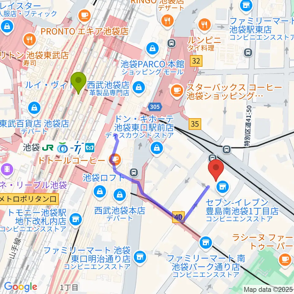 ミュージックスタジオ・フォルテ池袋店の最寄駅池袋駅からの徒歩ルート（約4分）地図