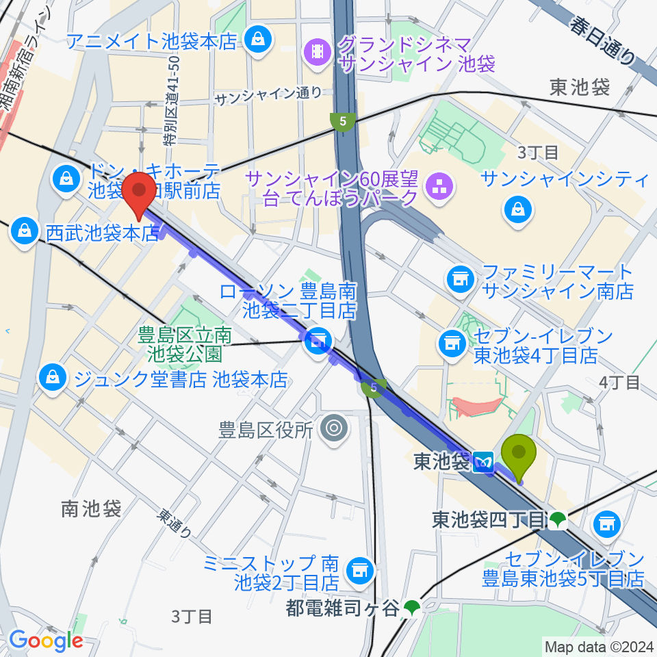 東池袋駅からミュージックスタジオ・フォルテ池袋店へのルートマップ地図