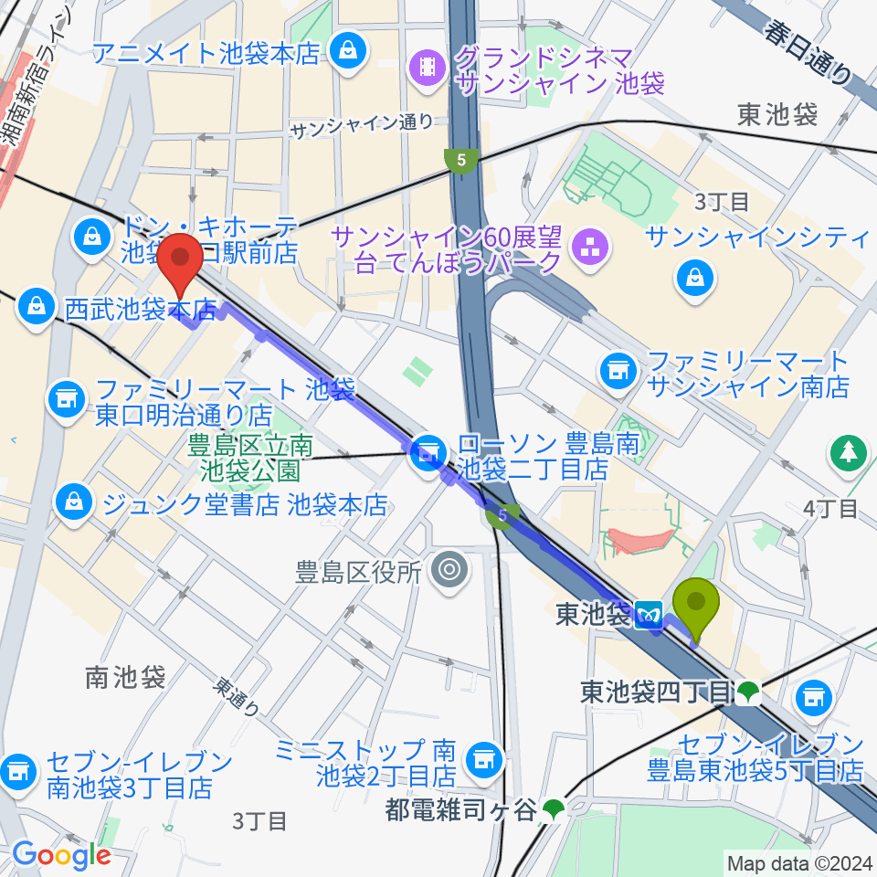 東池袋駅からミュージックスタジオ・フォルテ池袋店へのルートマップ地図