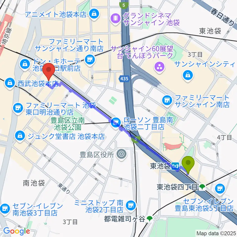 東池袋駅からミュージックスタジオ・フォルテ池袋店へのルートマップ地図