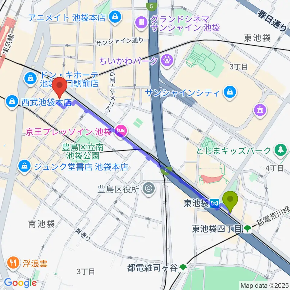 東池袋駅からミュージックスタジオ・フォルテ池袋店へのルートマップ地図