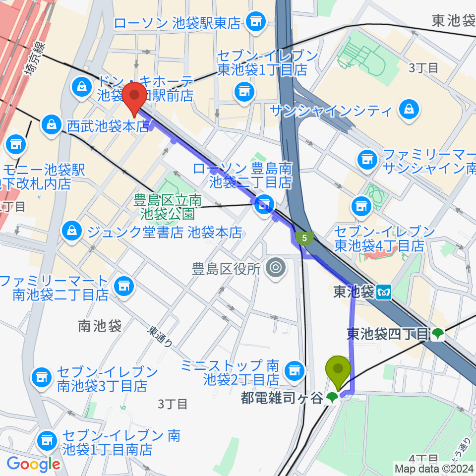 都電雑司ヶ谷駅からミュージックスタジオ・フォルテ池袋店へのルートマップ地図