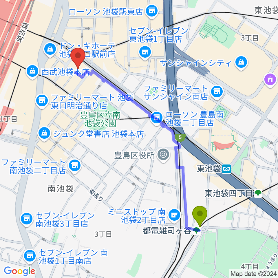 都電雑司ヶ谷駅からミュージックスタジオ・フォルテ池袋店へのルートマップ地図