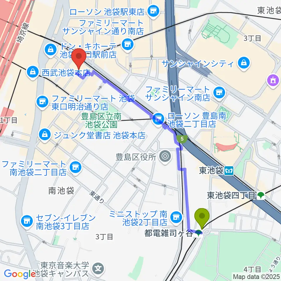 都電雑司ヶ谷駅からミュージックスタジオ・フォルテ池袋店へのルートマップ地図