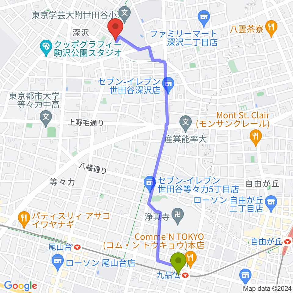 九品仏駅からアライブレコーディングスタジオへのルートマップ地図